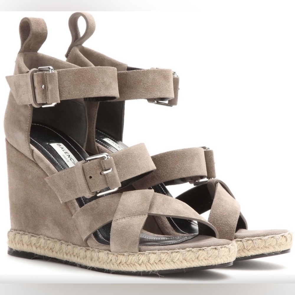 Balenciaga Suede Espadrille Wedge Sandal, Taupe